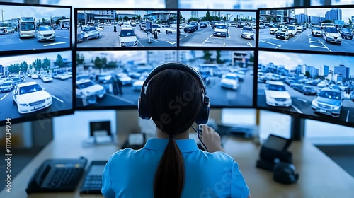 Security Operator Monitoring Multiple Traffic Cameras