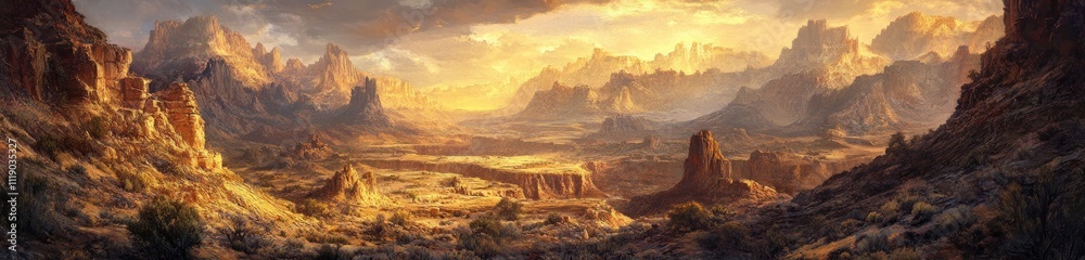 Naklejka premium Golden Canyon Sunset Majestic Mountain Range Landscape