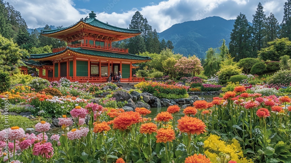 Vibrant flowers bloom around a traditional Japanese pagoda nestled in a serene mountain garden. Vibrant flowers bloom around a traditional Japanese pagoda nestled in a serene mountain garden.