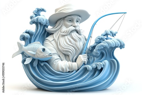 Wallpaper Mural A 3D icon of a fisherman portrait with a fishing rod fish and water waves in a blue and white theme on a white background Torontodigital.ca