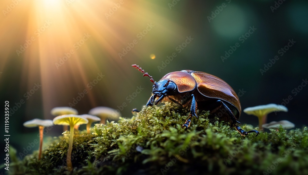 A close-up of a beetle on moss with sunlight filtering through. A close-up of a beetle on moss with sunlight filtering through.