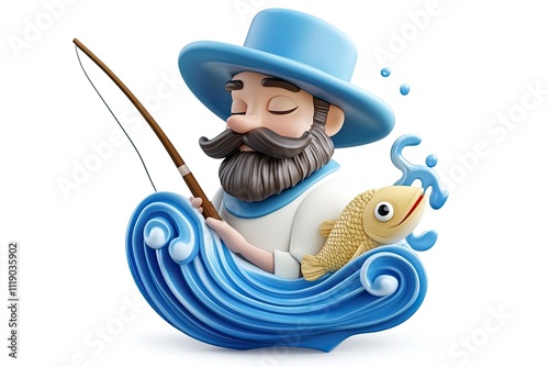 Wallpaper Mural A 3D icon of a fisherman portrait with a fishing rod fish and water waves in a blue and white theme on a white background Torontodigital.ca