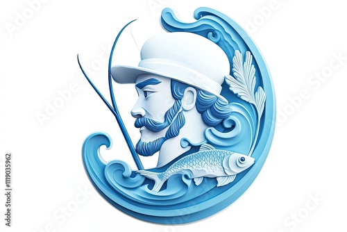 Wallpaper Mural A 3D icon of a fisherman portrait with a fishing rod fish and water waves in a blue and white theme on a white background Torontodigital.ca