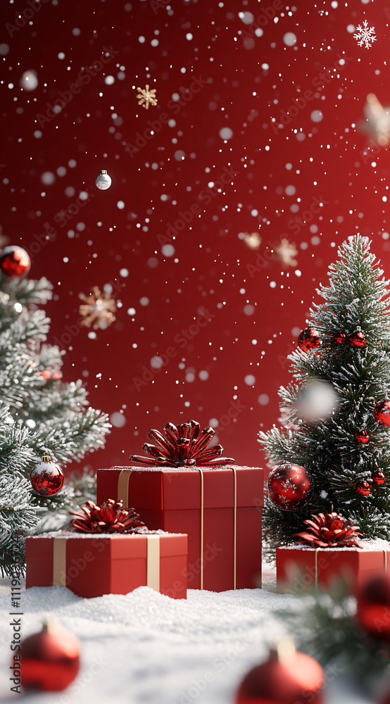 Obraz premium A cheerful holiday scene with red presents, sparkling snow, and Christmas trees