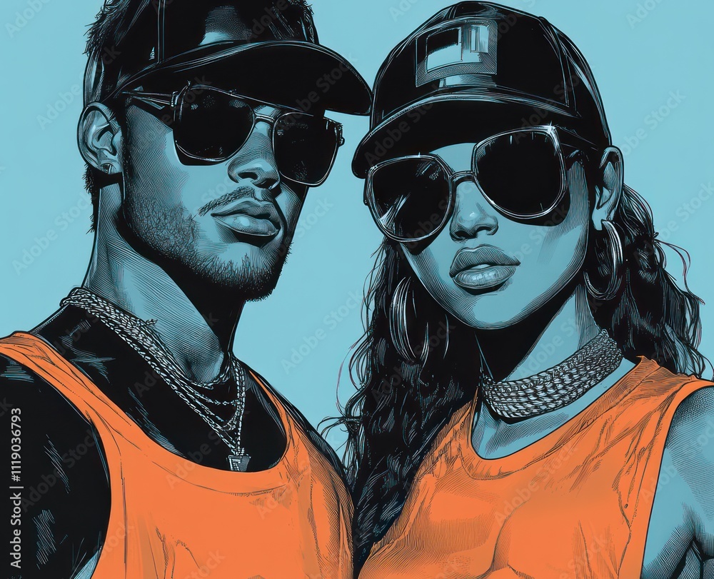 Illustration of a Young American Couple in Stylish Hip Hop Streetwear Illustration of a Young American Couple in Stylish Hip Hop Streetwear
