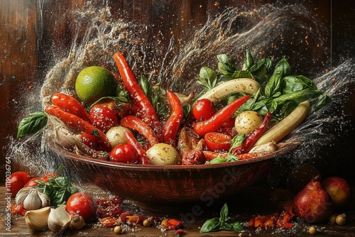 Vibrant splash of fresh vegetables and herbs in rustic bowl kitchen setting high-speed photography nature's bounty photo