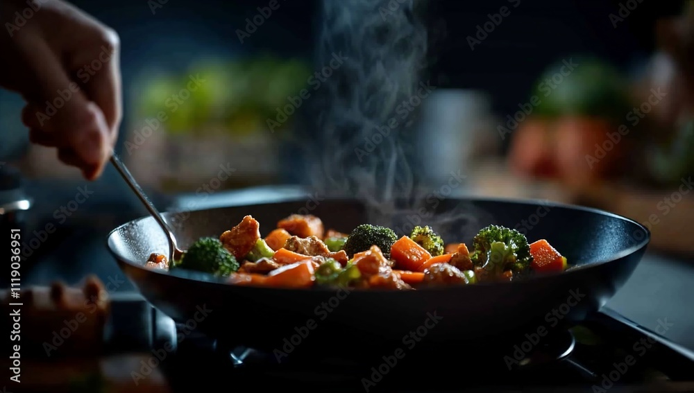 A hand stirring colorful vegetables in a sizzling pan. A hand stirring colorful vegetables in a sizzling pan.