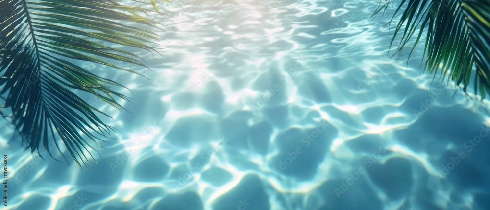 Underwater Scene with Tropical Leaf Shadows on Water Surface and Sand for Relaxation and Summer Vacation Underwater Scene with Tropical Leaf Shadows on Water Surface and Sand for Relaxation and Summer Vacation