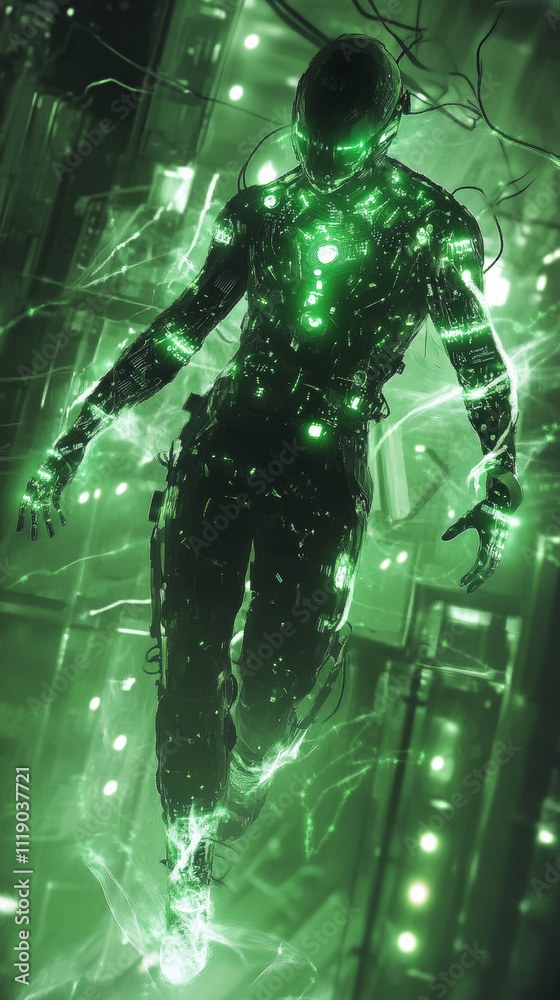 Cybernetic Humanoid, Bioluminescent, Green Energy, Futuristic, Technology Cybernetic Humanoid, Bioluminescent, Green Energy, Futuristic, Technology