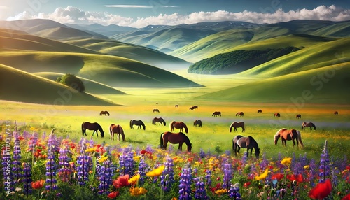 Rolling green hills dotted with wildflowers, with a group of horses grazing peacefully under a clear blue sky, and distant mountains in the background photo
