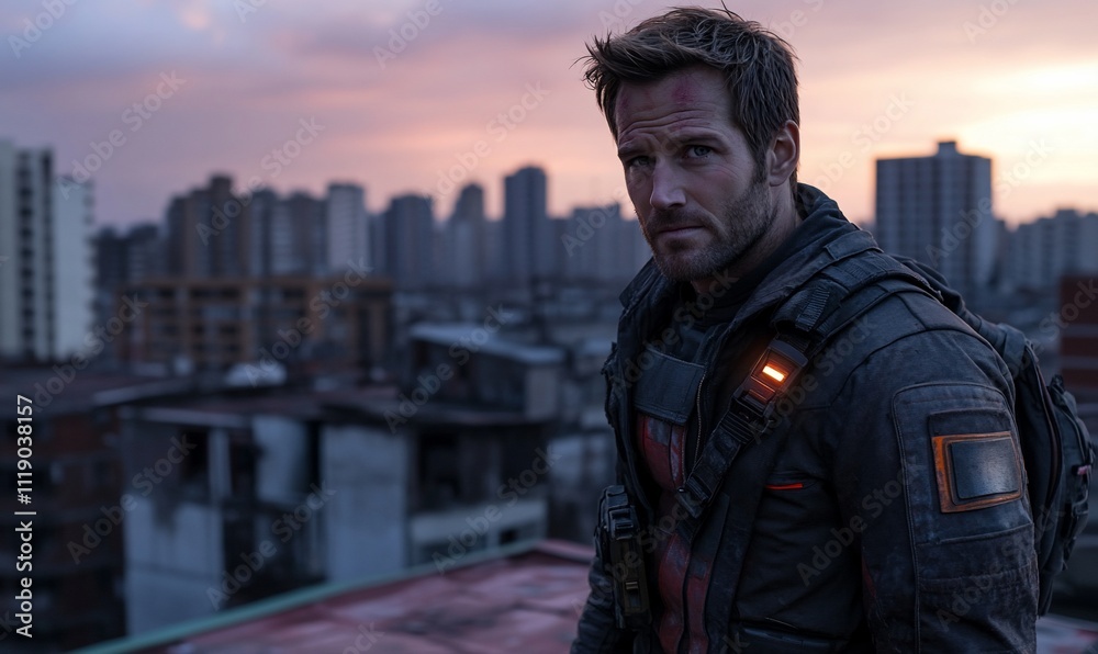 A rugged man stands on a rooftop at sunset, gazing thoughtfully. A rugged man stands on a rooftop at sunset, gazing thoughtfully.