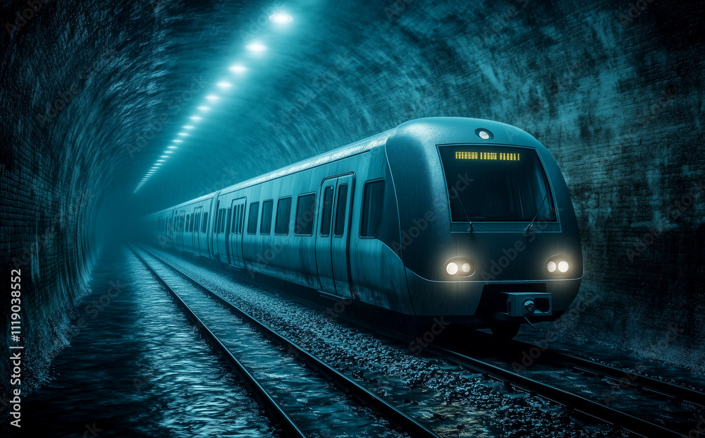 A train is traveling through a tunnel. The tunnel is dark and the train is the only source of light A train is traveling through a tunnel. The tunnel is dark and the train is the only source of light