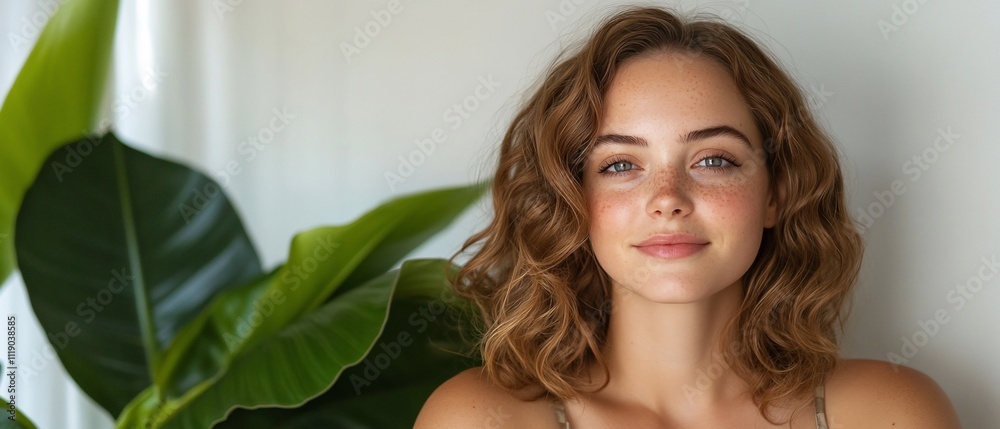 Naklejka premium A smiling woman with wavy hair in a bright, plant-filled setting.