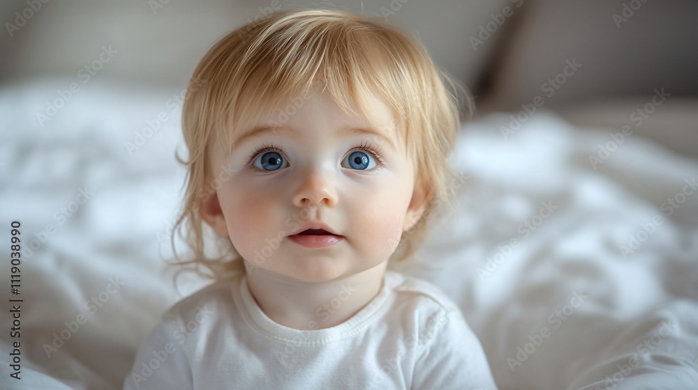 Adorable blonde baby with bright blue eyes, looking up curiously. Adorable blonde baby with bright blue eyes, looking up curiously.