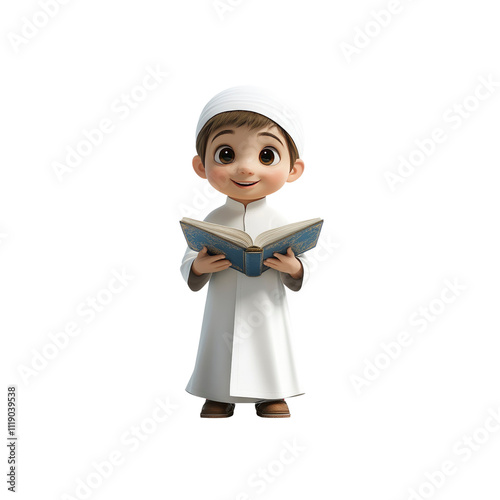 Adorable 3D Render of a Young Muslim Boy Reading a Book