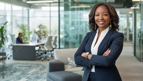 A Black businesswoman stands in an office with her arms crossed, smiling at the camera as she poses for a photo. In front of her is a table where two people can be seen having their meeting. The backg