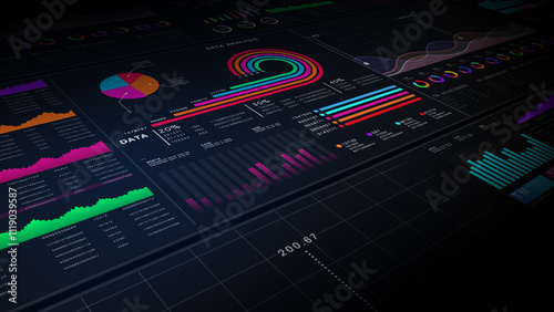 Strategy for financial investment background, Data analytics for business, Data dashboard showcasing charts, graphs, and analytics for finance, trading, and business insights. 3d Rendering