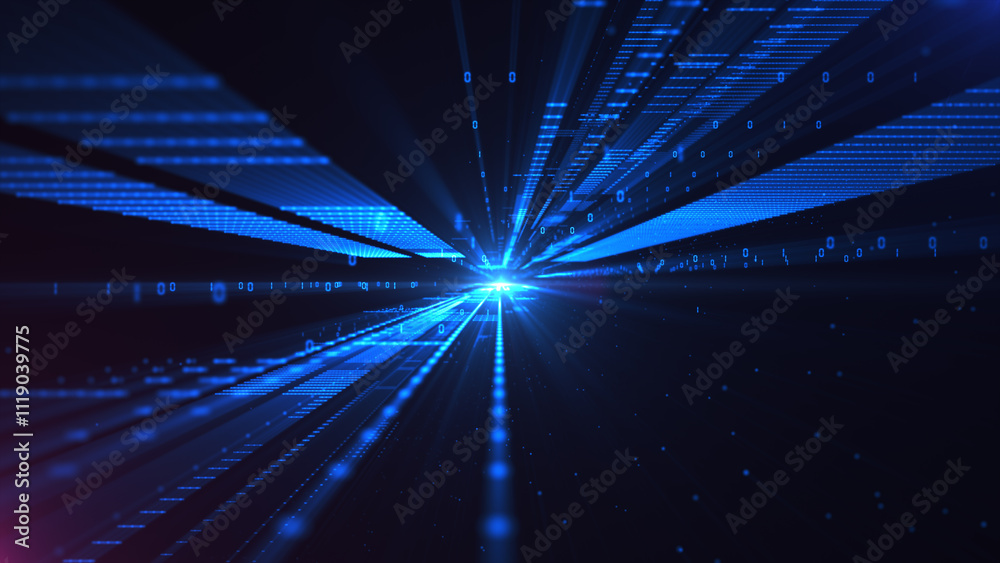 Fototapeta premium Blue cyberspace with digital light beam surrounded by binary code and futuristic gridlines, symbolizing advanced technology and data transfer. Technology abstract background 3d Rendering