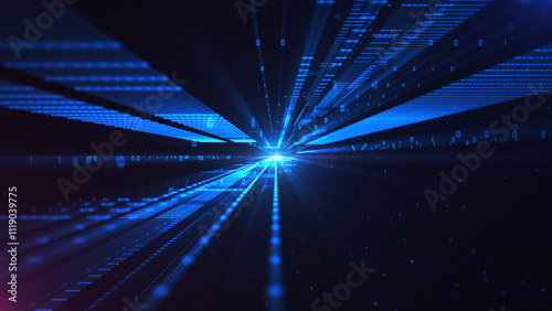 Blue cyberspace with digital light beam surrounded by binary code and futuristic gridlines, symbolizing advanced technology and data transfer. Technology abstract background 3d Rendering