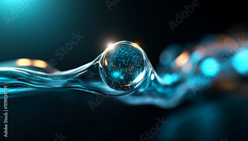 Abstract glowing sphere in flowing liquid.