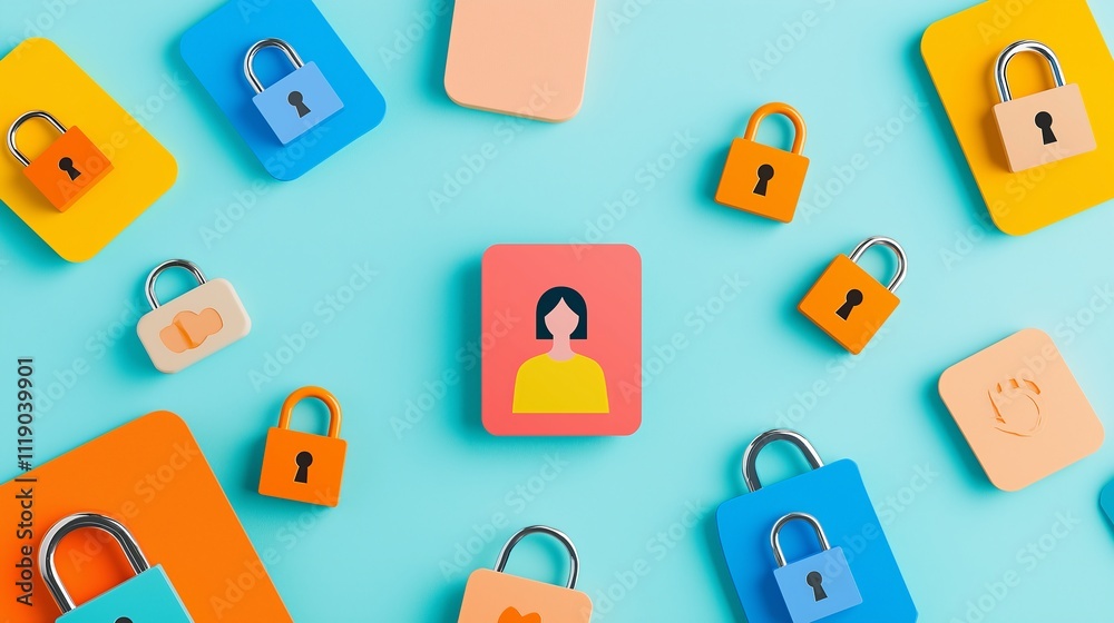 privacy data encryption surveillance concept. Digital security concept with locks and user icons on colorful background. privacy data encryption surveillance concept. Digital security concept with locks and user icons on colorful background.