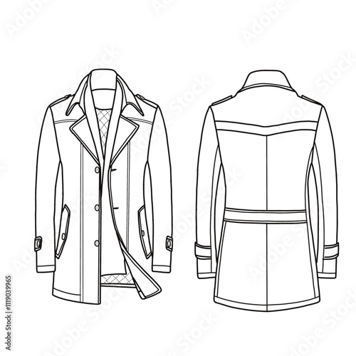 Men's coat, warm winter trench coat single-breasted with side pockets. Outerwear jackets technical fashion illustration. Flat coat template front and back view.