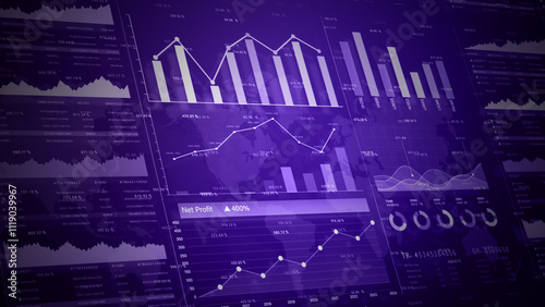 Financial graphs and charts in futuristic, showcasing data analytics, profit growth, and global market insights. Information on strategy for business and economic investment 3d Rendering