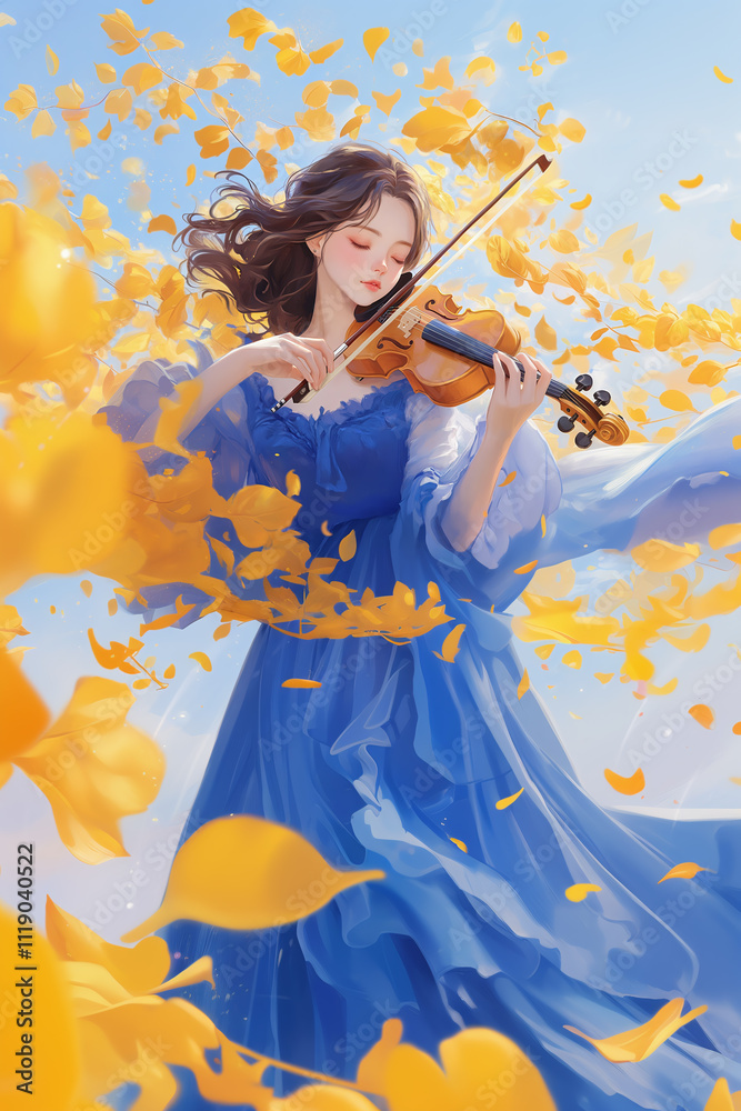Girl playing violin beautiful autumn illustration Girl playing violin beautiful autumn illustration