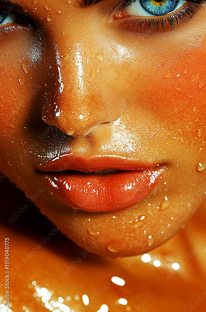 Obraz premium A woman with a blue eye and a tan face is shown with her face wet. The image has a warm and inviting mood, with the woman's features highlighted by the water droplets on her face
