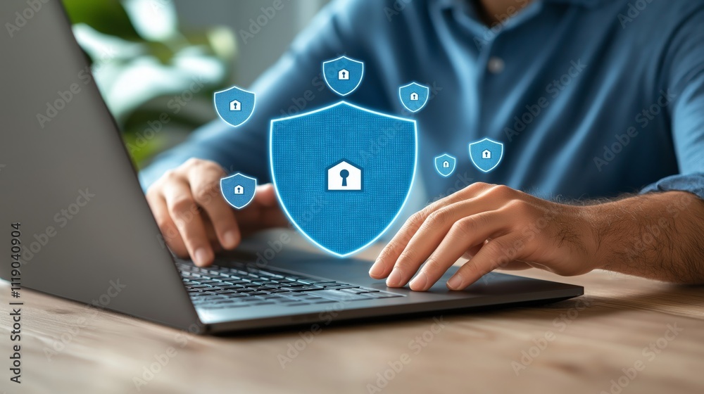 privacy data encryption surveillance concept. Man using laptop with digital security concepts and icons, focus on cybersecurity.