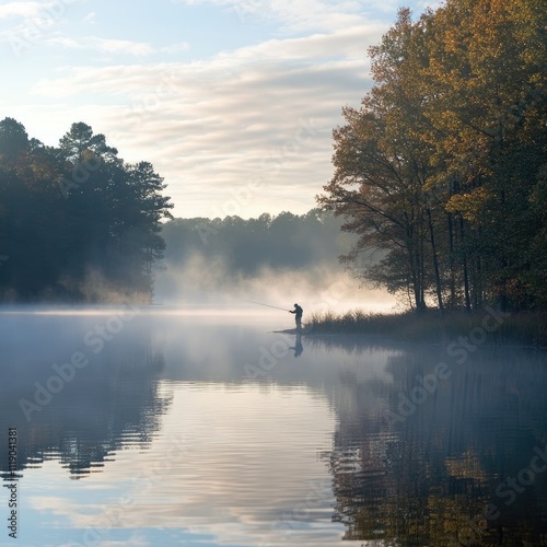 Solitary angler fishing on a misty lake at sunrise, surrounded by autumn trees.