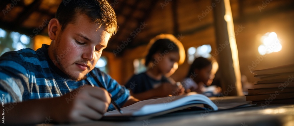 Children engaged in writing in a cozy, warm-lit environment. Children engaged in writing in a cozy, warm-lit environment.