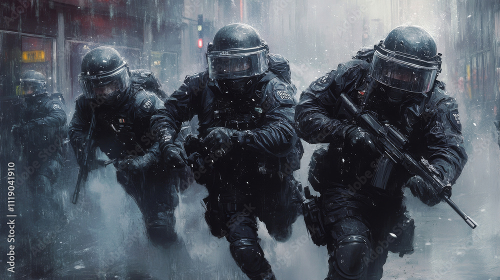 Rainy City Riot: SWAT Team in Action Rainy City Riot: SWAT Team in Action