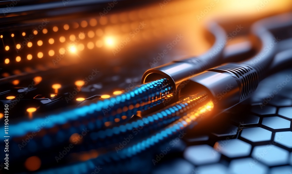 Close-up of fiber optic cables connected to a server. Close-up of fiber optic cables connected to a server.