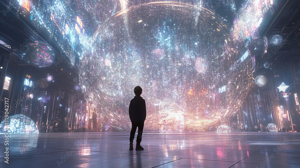 Child Gazing at Cosmic Sphere: Futuristic 3D Rendering Child Gazing at Cosmic Sphere: Futuristic 3D Rendering