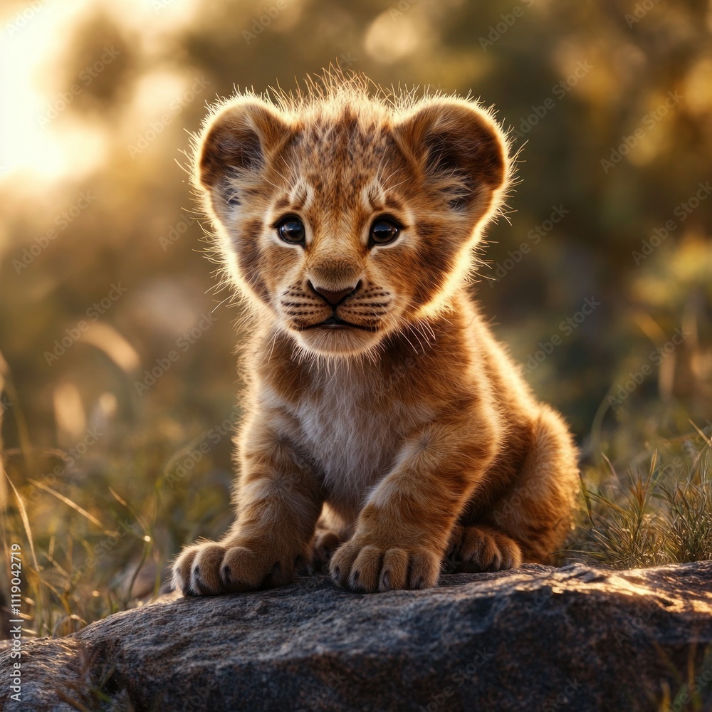 Lion Cub Playing with Butterflies in the Grass at Golden Hour Lion Cub Playing with Butterflies in the Grass at Golden Hour
