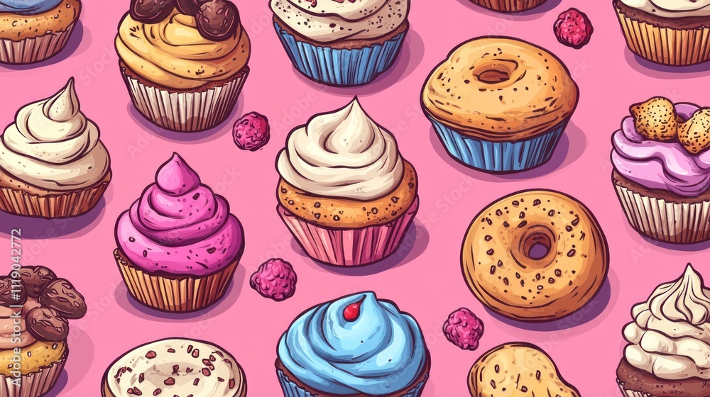 cupcakes, cookies, and pastries in a doodle style with a vibrant colors and pink background. cupcakes, cookies, and pastries in a doodle style with a vibrant colors and pink background.