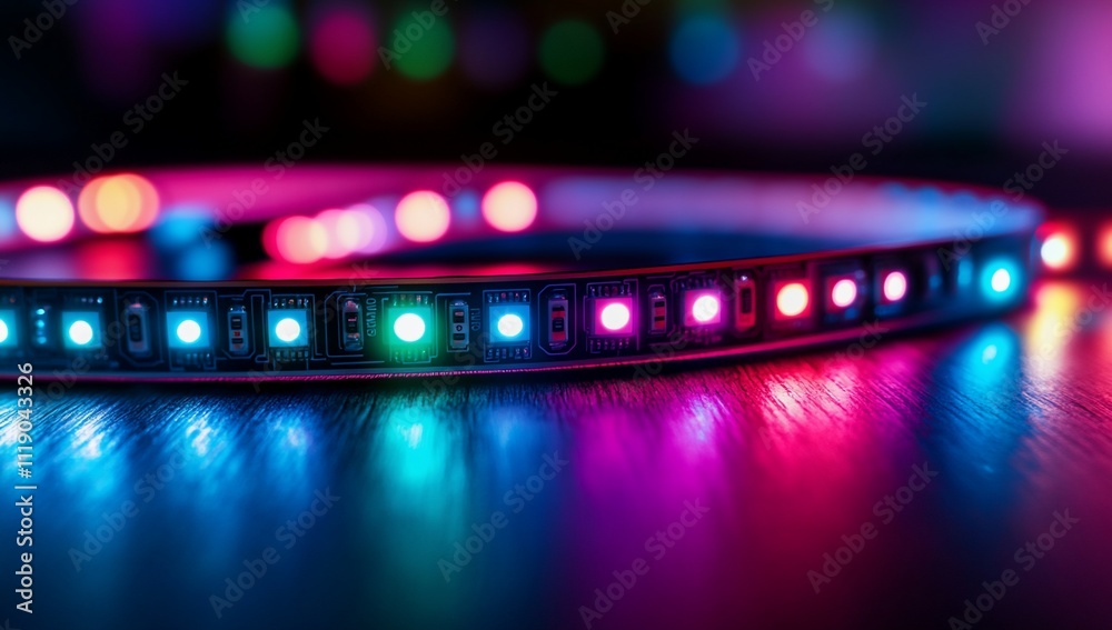 Colorful LED strip light coiled on dark surface. Colorful LED strip light coiled on dark surface.