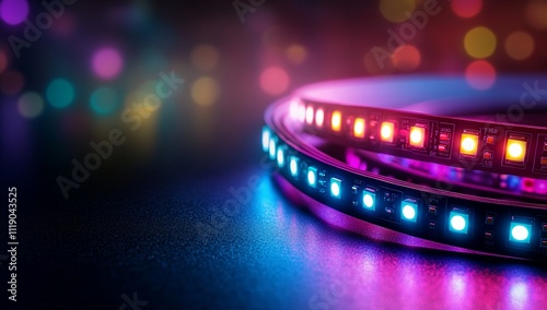 Colorful LED strip lights coiled on dark surface. photo