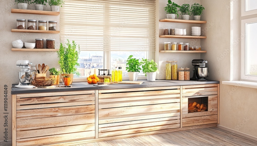 Sunny Kitchen With Wooden Cabinets And Herbs Sunny Kitchen With Wooden Cabinets And Herbs