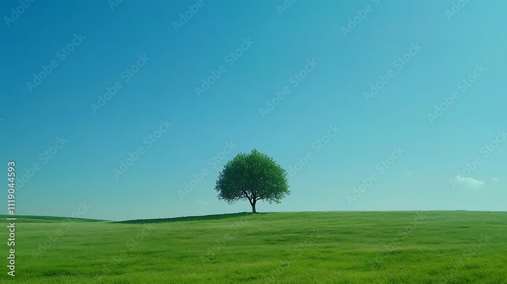 Obraz premium Solitary tree on a vast green field under a clear blue sky.