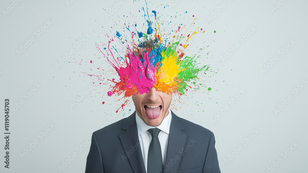 The Color of Creativity: A Businessman overwhelmed with a burst of colorful ideas. This image is perfect for illustrating the concept of innovation, inspiration, and creative thinking. The Color of Creativity: A Businessman overwhelmed with a burst of colorful ideas. This image is perfect for illustrating the concept of innovation, inspiration, and creative thinking.