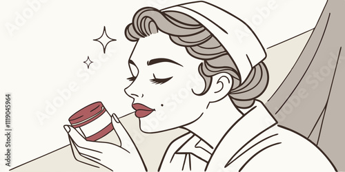 Cropped portrait tender female model advertising new pomade apply pouted plump lips matte ruby color product
