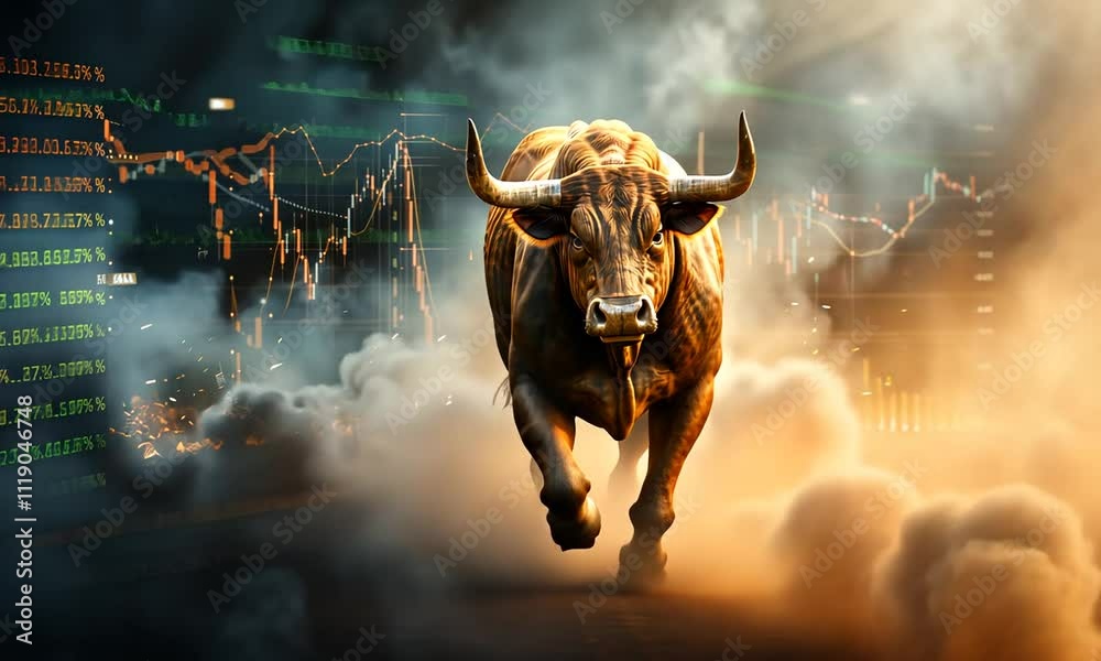 A powerful bull charging through smoke and flames, symbolizing market strength and resilience.