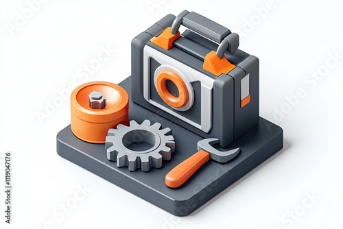 Wallpaper Mural A 3D icon of a mechanic portrait with a wrench, gear, and toolbox, in a gray and orange theme on a white background Torontodigital.ca