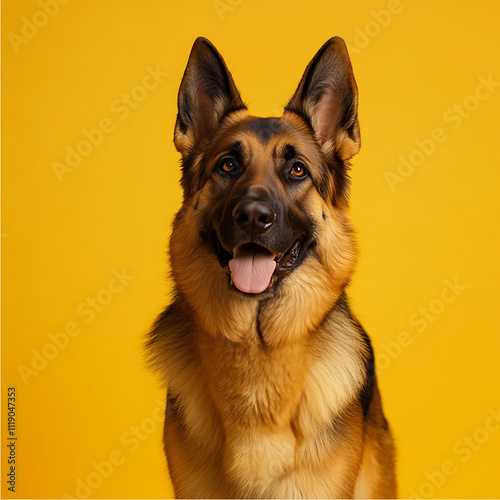 Playful german shepherd dog portrait studio setting animal photography vibrant yellow background close-up shot joyful expression