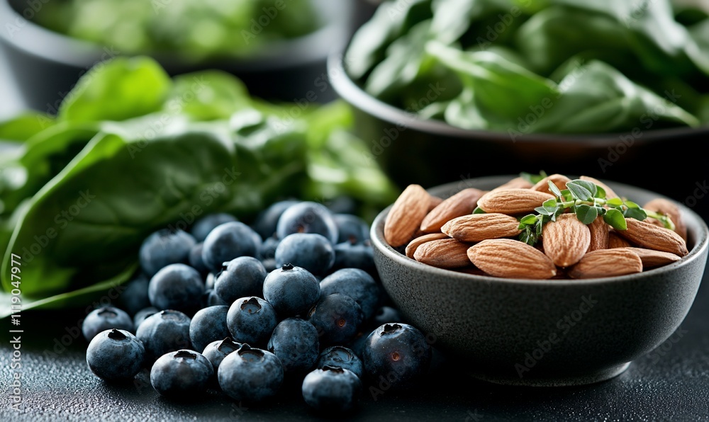 Fresh blueberries, almonds, and spinach. Fresh blueberries, almonds, and spinach.