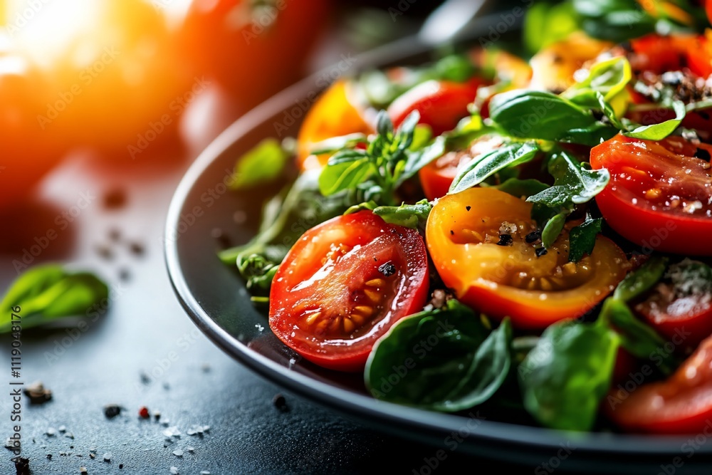 Fresh tomato and basil salad on dark plate. Fresh tomato and basil salad on dark plate.