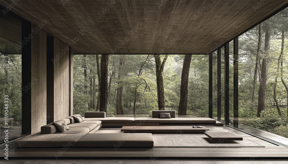 Modern Minimalist Living Room Overlooking Lush Forest Modern Minimalist Living Room Overlooking Lush Forest
