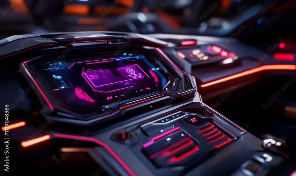 Futuristic car dashboard with vibrant display. Futuristic car dashboard with vibrant display.